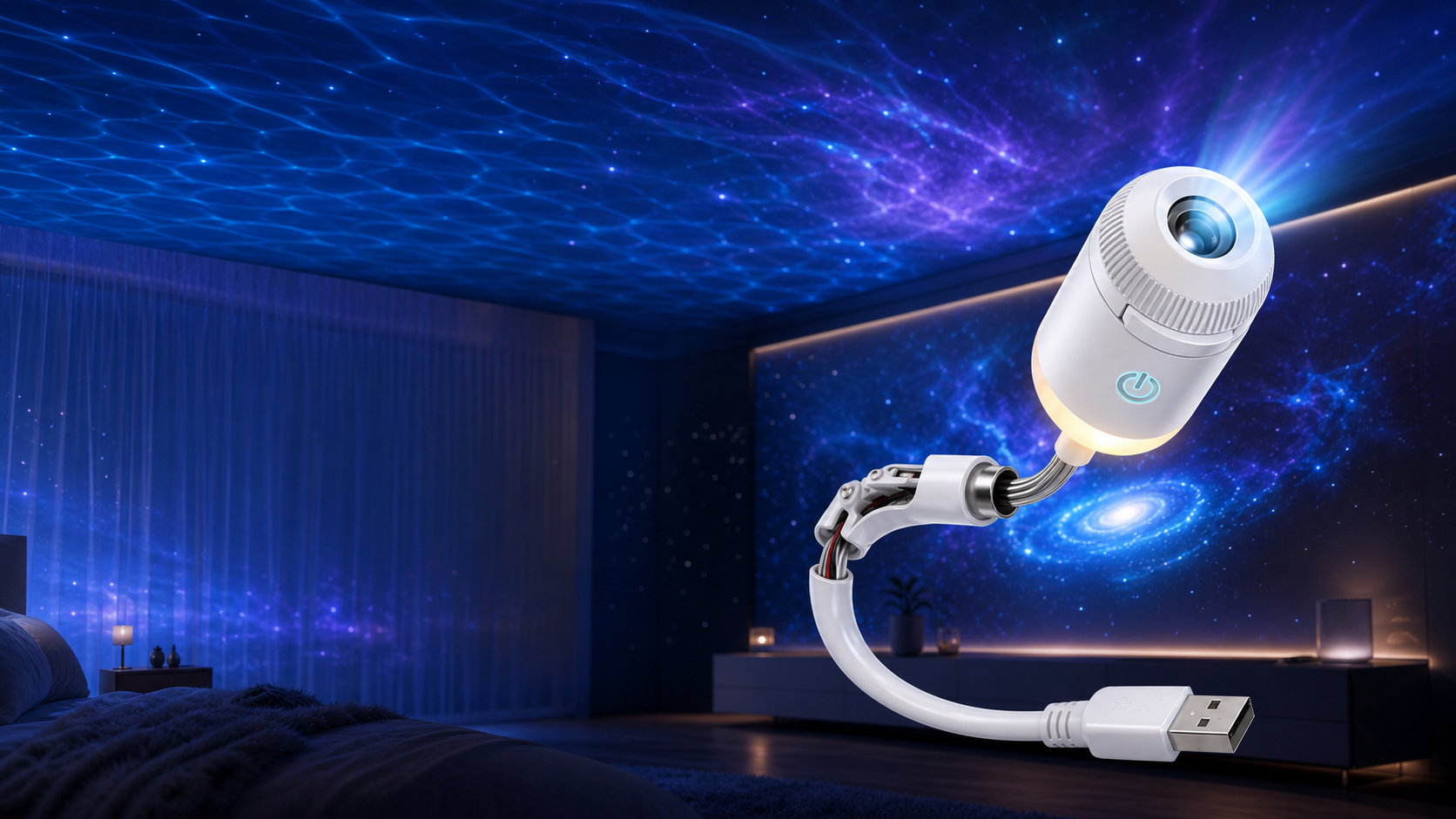 Velunexo star projector lighting a bedroom with galaxy projections